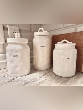 Rae Dunn White Ceramic Typewriter Print 3 Piece Canister Set Flour Sugar Tea